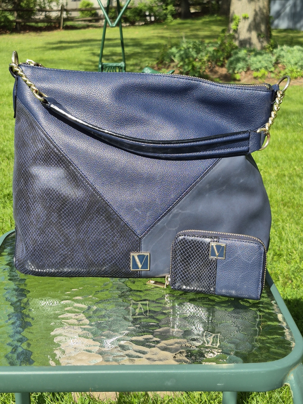 VS Navy Patchwork Handbag with Matching Wallet